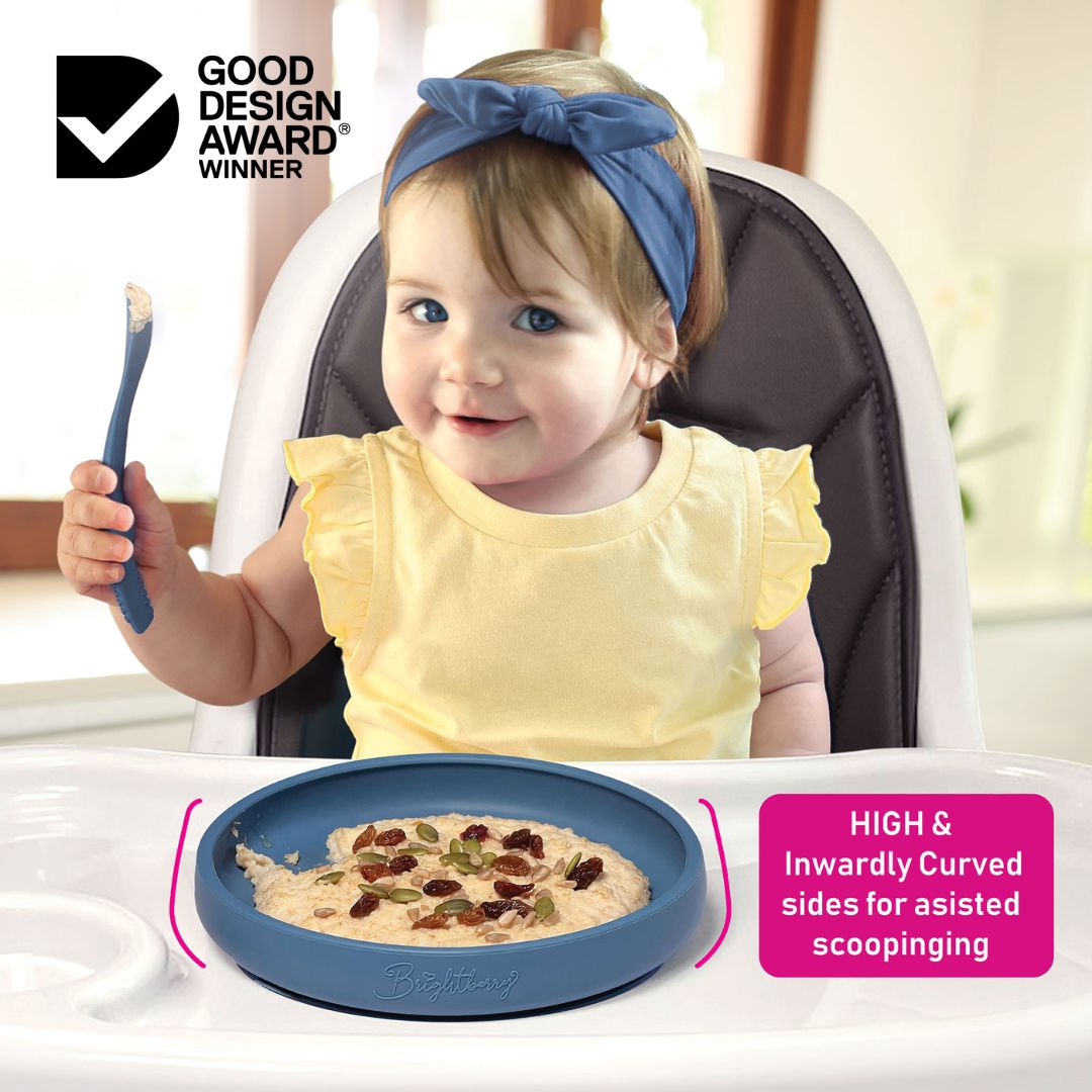 Award winning easy scooping training plate by Brightberry, toddler eating porridge