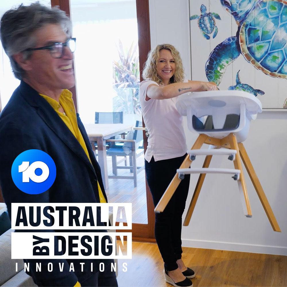 Brightberry founder Mateya demonstrating the strong suction feature of the tableware to Pete, host of Australia by Design TV show.