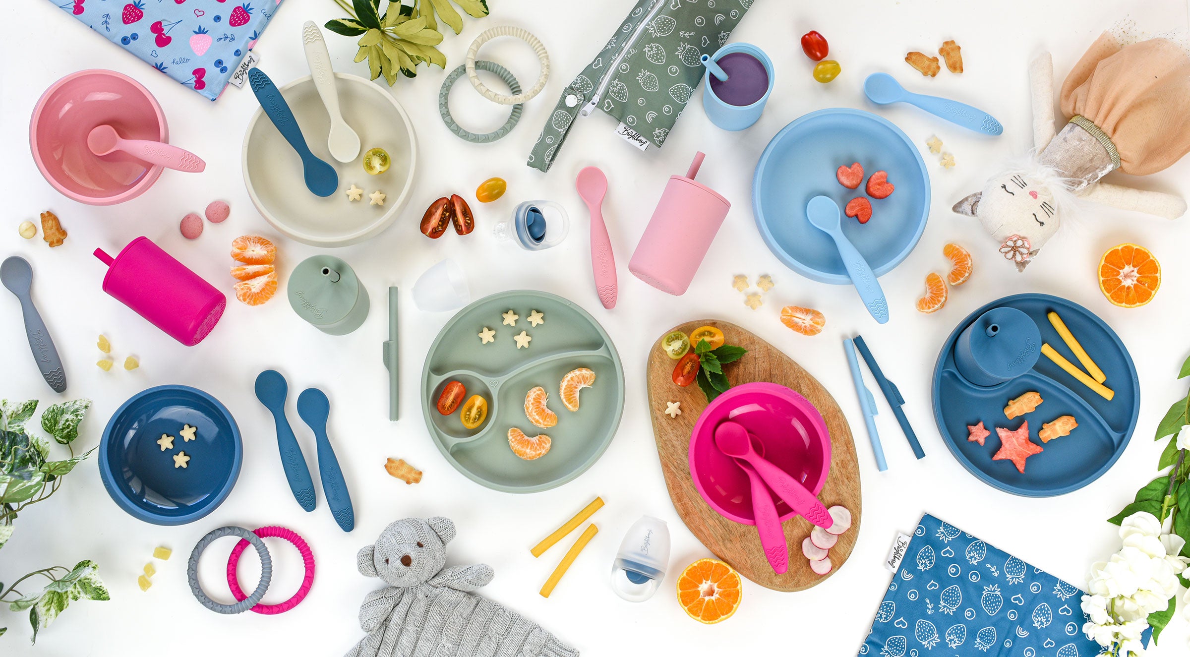 Brightberry silicone kids tableware, colourful suction bowls, divided plates, smoothie cups, bibs, silicone straws, teether rings