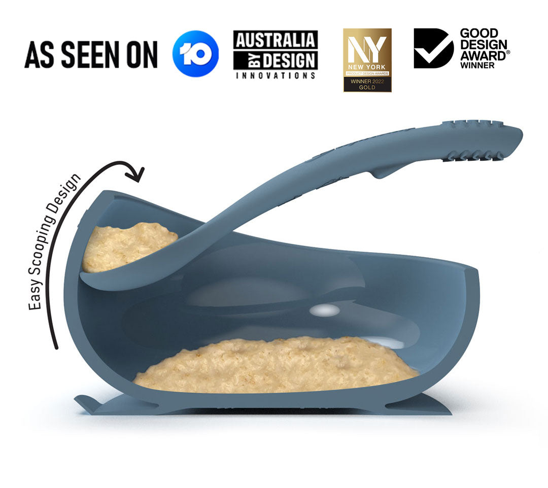 easy scooping food showing on a 3D model of the award winning silicone bowl