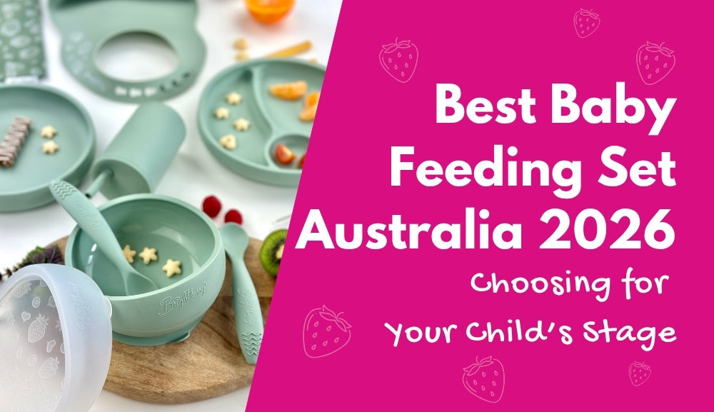 Brightberry sage green feeding essentials, including a bowl, spoons, plates, cup and bib, beside the title “Best Baby Feeding Set Australia 2026: Choosing for Your Child’s Stage”.