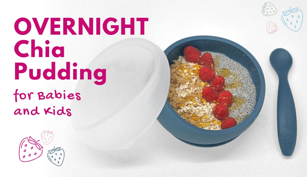 Silicone bowl with chia pudding, oats, raspberries, and honey, with a baby spoon beside it. Text reads: Overnight Chia Pudding for Babies and Kids.