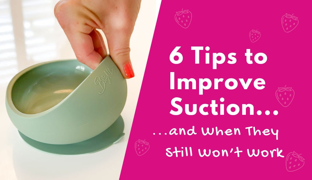 Brightberry silicone suction bowl being lifted to show suction strength, featured in a guide on improving suction plates and bowls