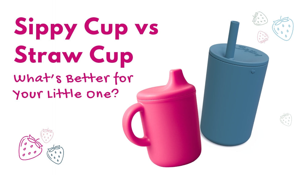 Bright pink sippy cup and blue straw cup side by side with the title ‘Sippy Cup vs Straw Cup – What’s Better for Your Little One?’ in bold text.”