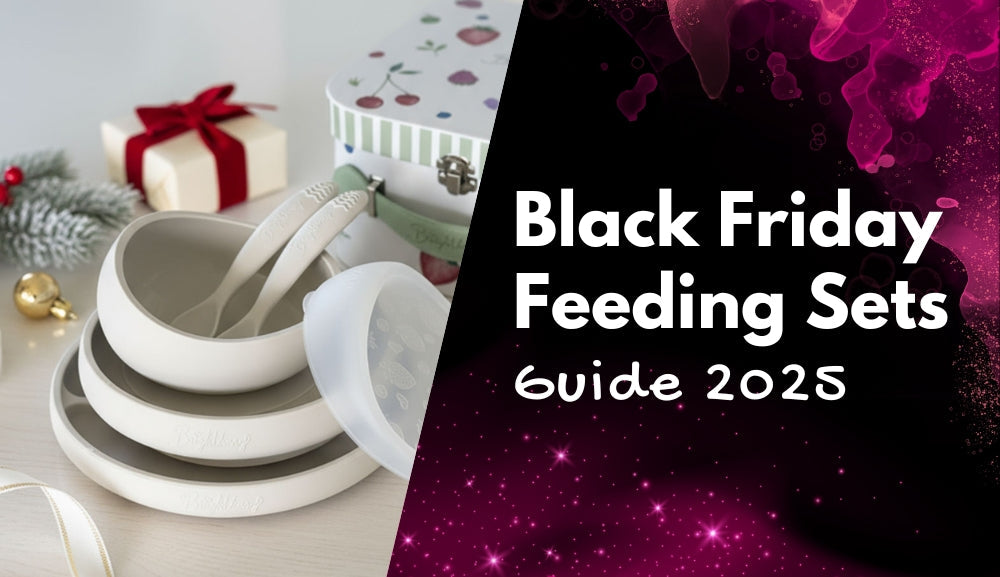 Brightberry silicone baby feeding sets in limited edition Black Friday colours.