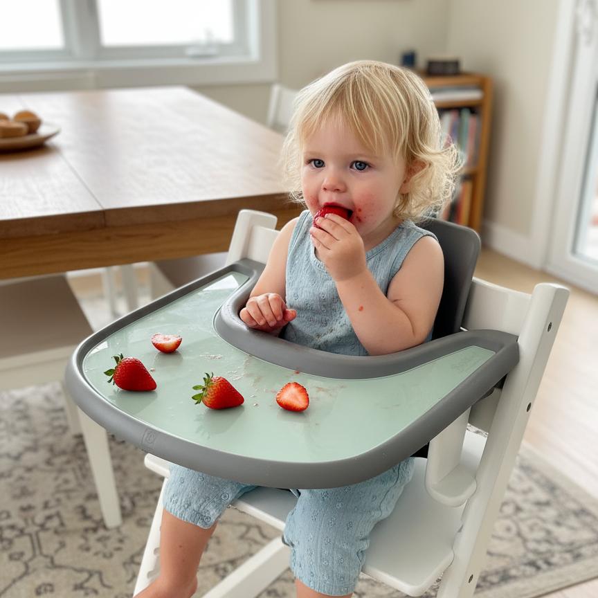 Brightberry best-selling self-feeding set in Sage, suction bowl with lid, easy-scooping suction plate and divided plate, with fruit snacks.