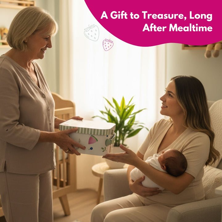 Mamma holding a baby and grandmother handing over a Brightberry gift set for a baby.