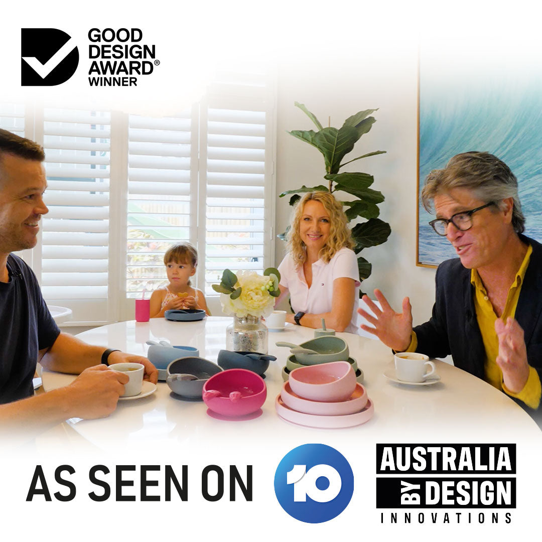 Screenshot from the Australia by Design Innovations TV show on Channel 10 featuring Brightberry designers Mateya and Uros Lotric with host Peter Colquhoun, showcasing Brightberry’s Good Design Award-winning silicone baby tableware.