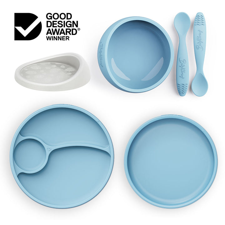 Brightberry Australia by Design Feeding Set in pacific blue, featuring a suction bowl with a new airtight lid, divided and non-divided plates, and two ergonomic spoons, now gift-packed and award-winning. As seen on Channel 10's Australia by Design: Innovations.