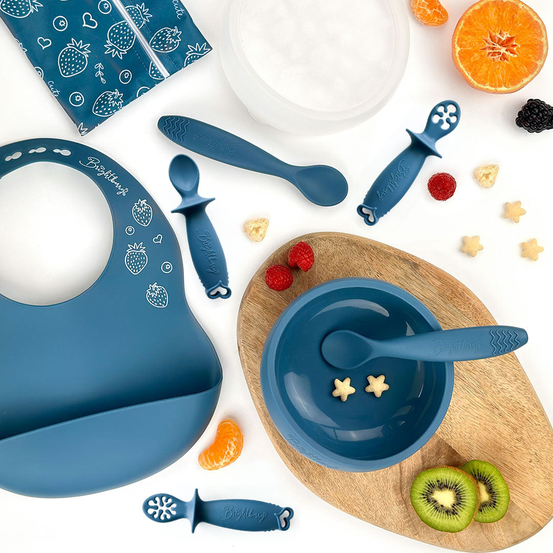 Starting Solids Set in Blueberry with silicone suction bowl, lid, bib, waterproof bag, two theOne spoons and theFirst baby spoons
