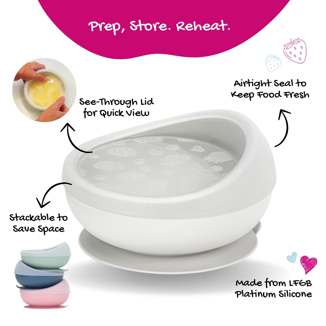 Brightberry Silicone Lid on theOne™ Suction Bowl showing features: see-through lid for quick view, airtight seal to keep food fresh, stackable design for space saving, and made from LFGB platinum silicone. Caption at top: Prep. Store. Reheat.
