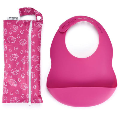A hot pink riberry-hued silicone pocket bib comes with a waterproof carry bag featuring a zipper and handle, making it travel-friendly.