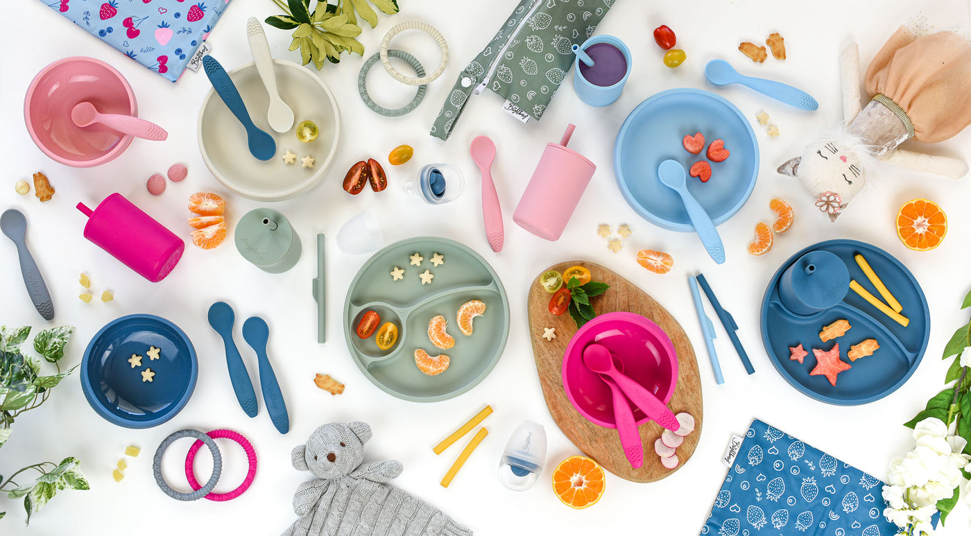 Brightberry silicone kids tableware, colourful suction bowls, divided plates, smoothie cups, bibs, silicone straws, teether rings 
