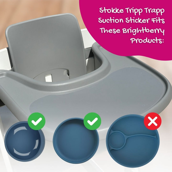 Image showing a Stokke Tripp Trapp high chair tray equipped with a suction sticker with a compatibility demonstration for Brightberry products such as suction bowl and two suction plate sizes.
