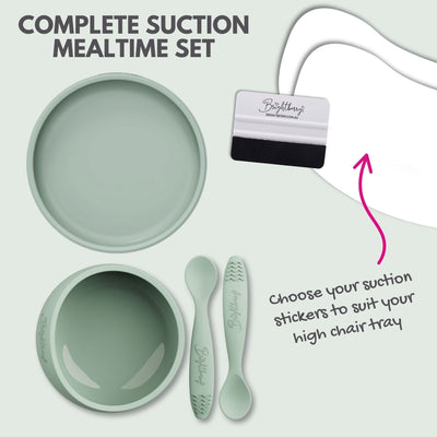 Complete Suction Mealtime Set in Sage, including suction bowl, divided plate, two silicone spoons, squeegee applicator, and suction stickers