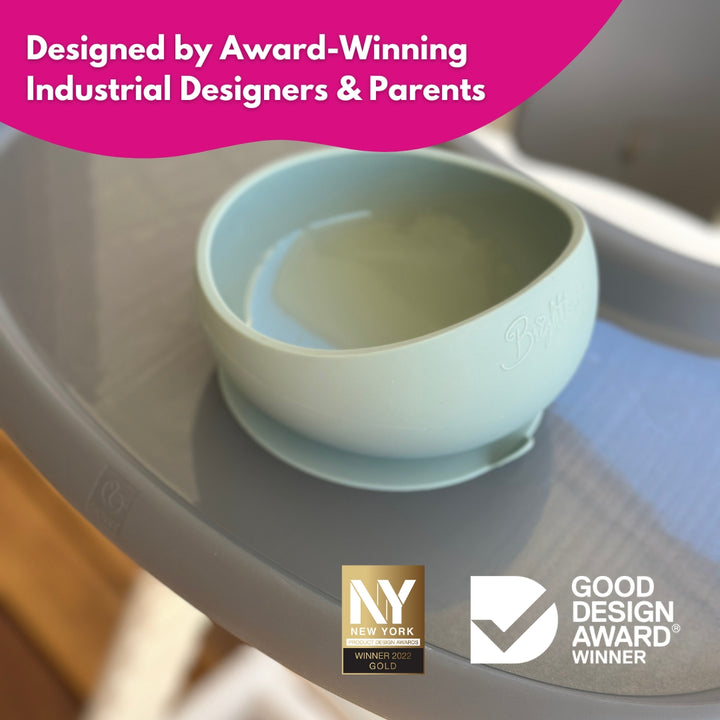 Brightberry silicone suction bowl on high chair tray with award badges showing Australian design brand