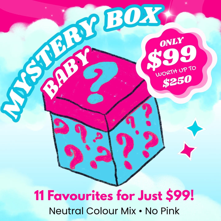 Brightberry Baby Mystery Box with neutral colour mix, no pink, 11 surprise feeding favourites for $99, worth up to $250