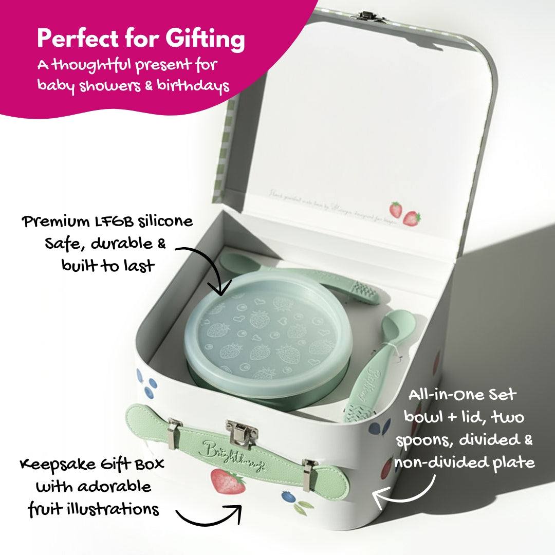 Children's silicone dining set in a keepsake gift box with text highlighting features.