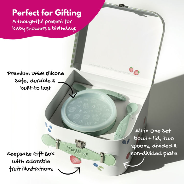 Children's silicone dining set in a keepsake gift box with text highlighting features.