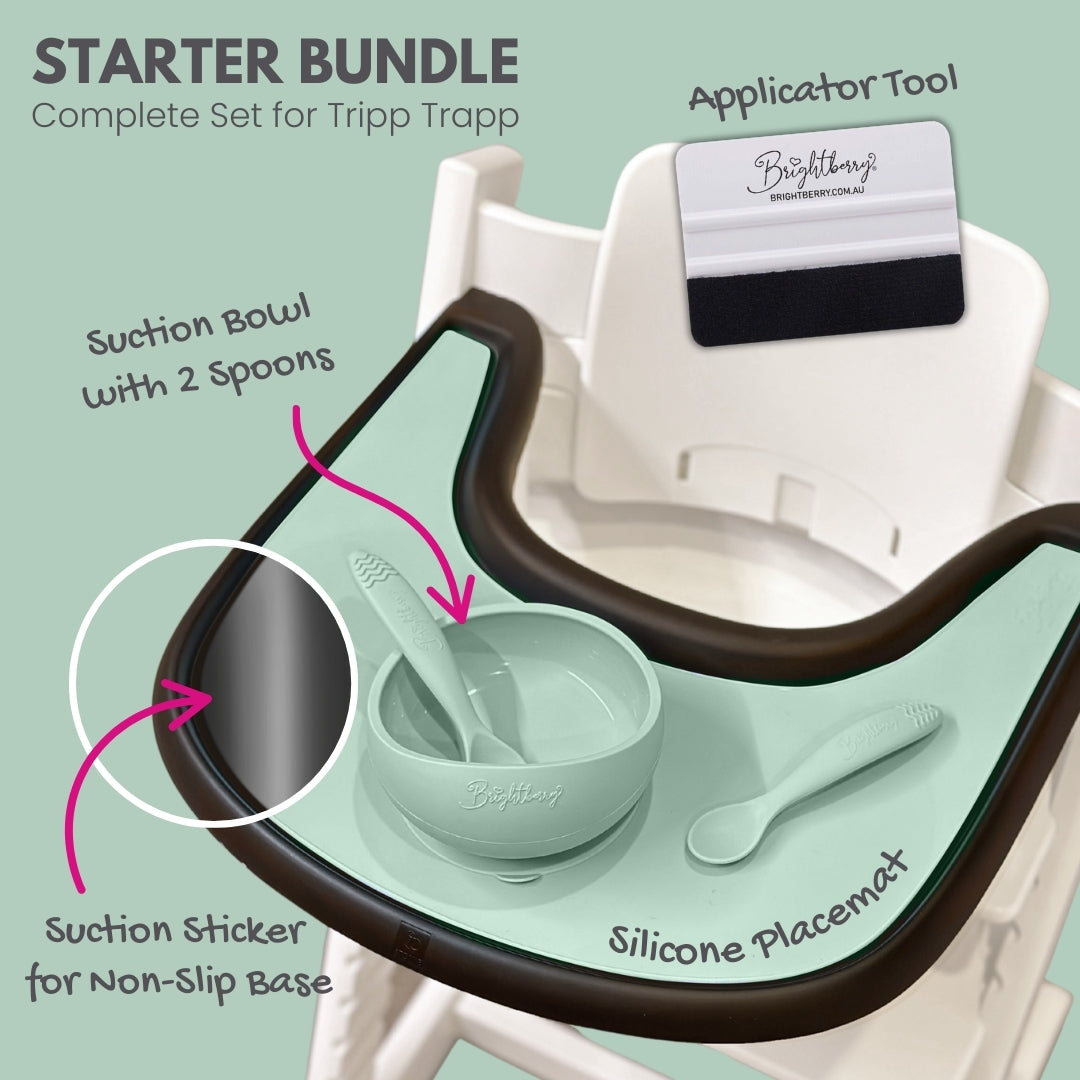 Brightberry Starter Bundle for Stokke Tripp Trapp with silicone placemat, suction bowl, two spoons, suction sticker and applicator tool