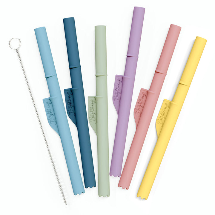 Brightberry silicone stopper straws in six colours: pacific, blueberry, sage, lilac, coral and lemon. A colourful straw set with stainless steel cleaning brush, on white background.