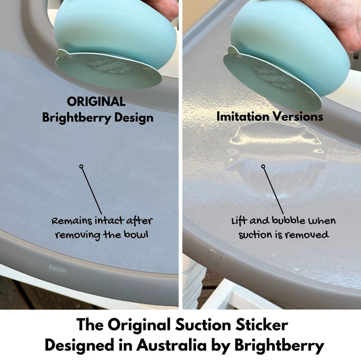 Side-by-side comparison of original Brightberry suction sticker and imitation version on a high chair tray, showing the original remaining smooth while the copy lifts and bubbles after removing the suction bowl