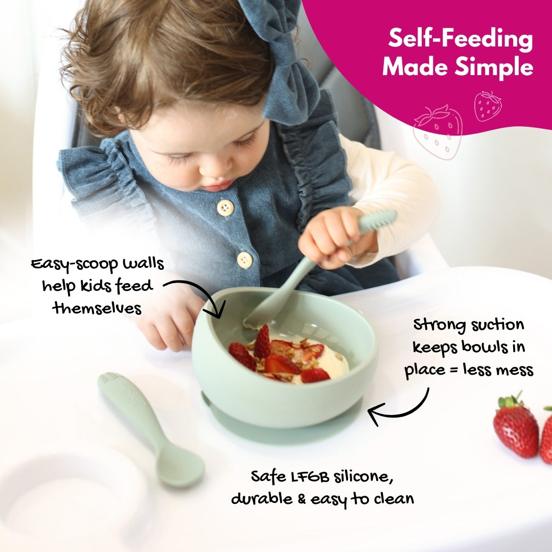 Child using a self-feeding bowl and spoon with text highlighting features