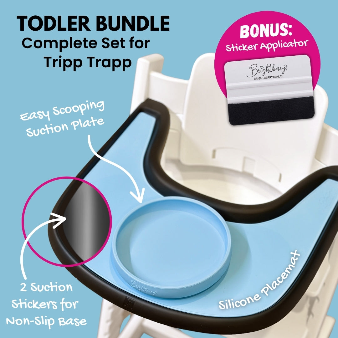 Brightberry Toddler Bundle for Stokke Tripp Trapp featuring an easy-scooping suction plate, a silicone placemat, two suction stickers for a non-slip base, and a bonus sticker applicator, shown installed on a high chair tray.