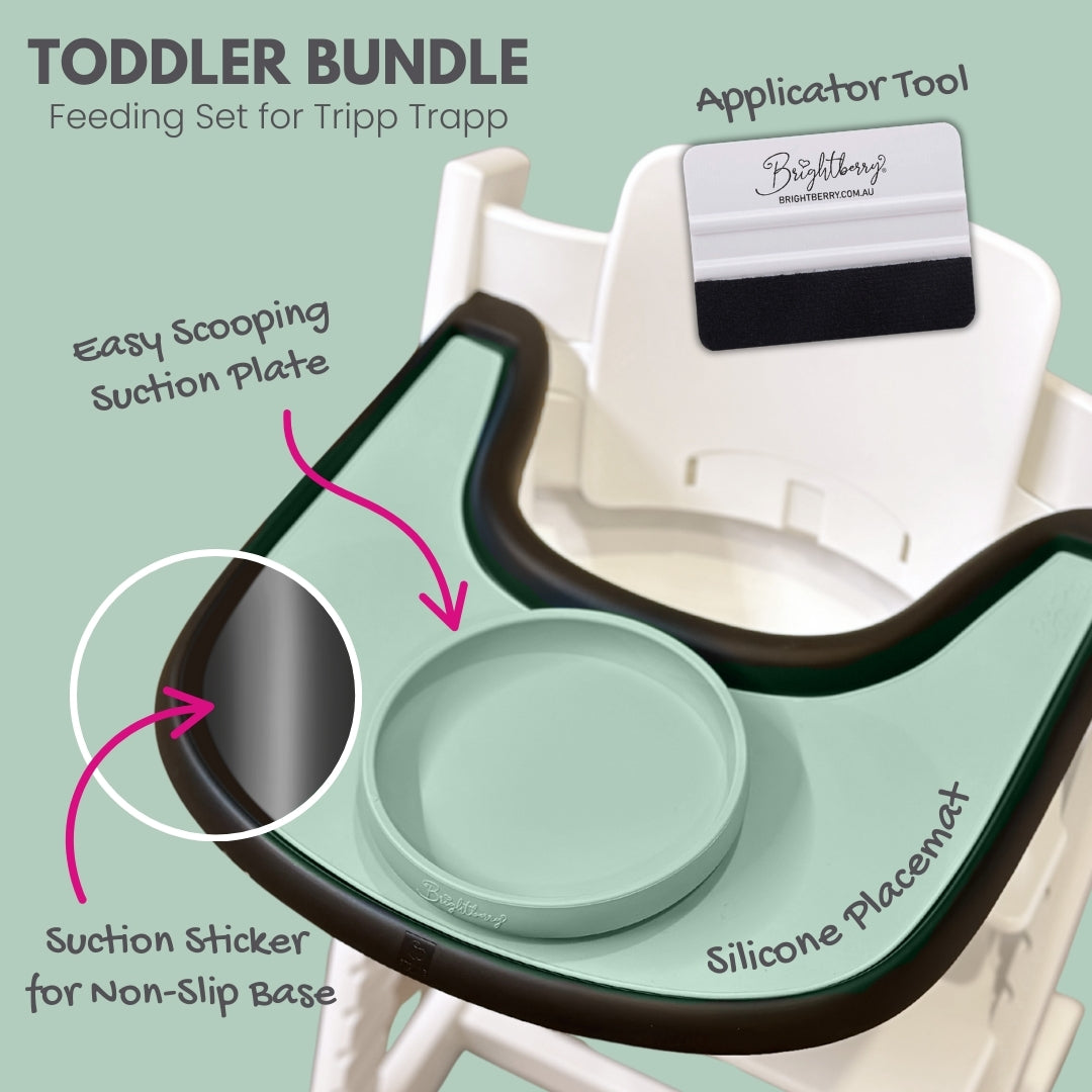 Brightberry Toddler Bundle for Stokke Tripp Trapp with silicone placemat, easy scooping suction plate, suction sticker and applicator tool.
