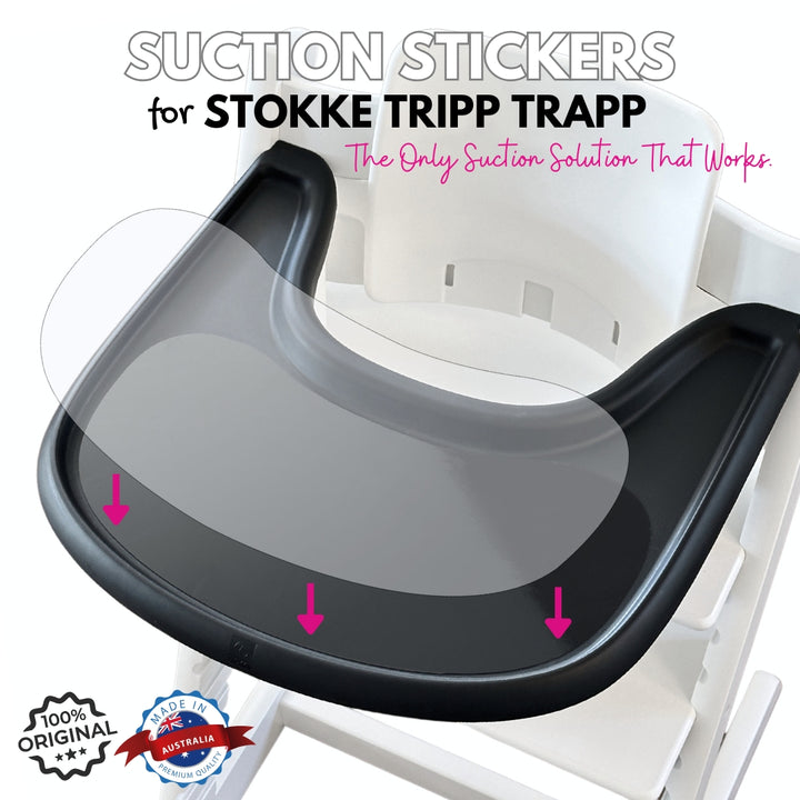Brightberry Suction Sticker for Stokke Tripp Trapp tray shown in position, highlighting the perfect fit. Transparent overlay and arrows indicate suction placement. Caption reads “The Only Suction Solution That Works.” Includes 100% Original and Made in Australia badges.
