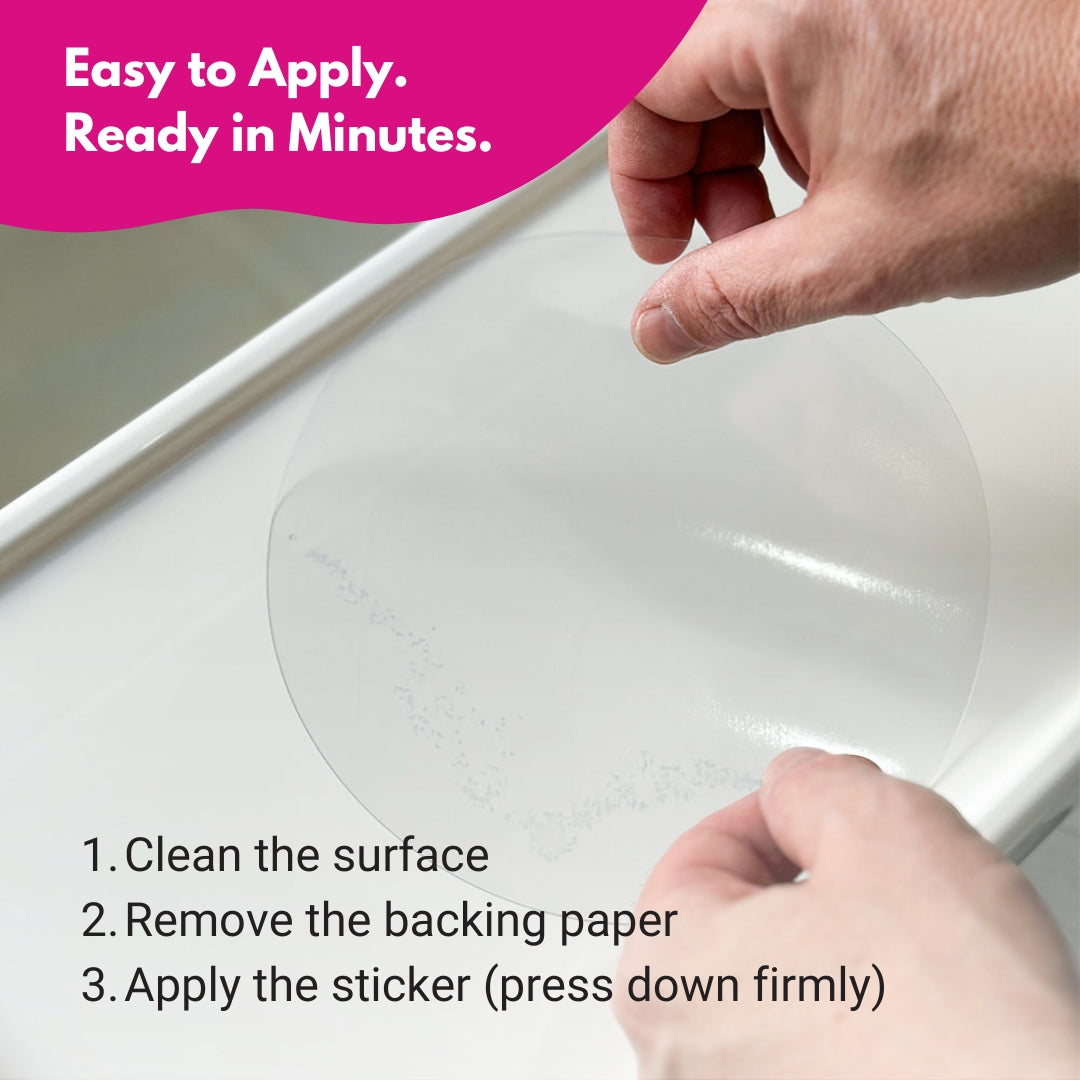 Applying clear suction sticker to high chair tray by peeling backing and pressing down firmly