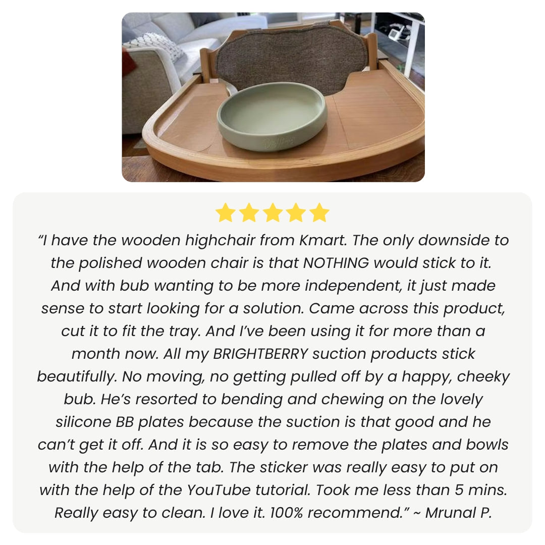 Wooden Kmart highchair with Brightberry suction sticker and easy scooping plate with customer suction sticker review 