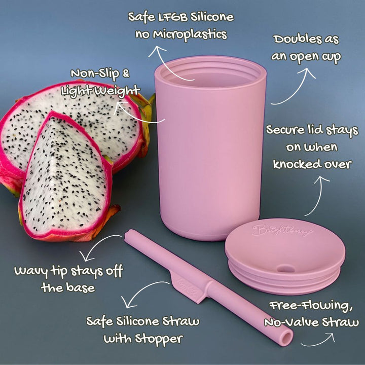 Brightberry lilac silicone smoothie cup components — cup, secure lid and stopper straw with feature callouts