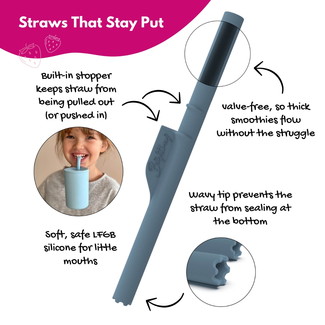 Brightberry kids silicone smoothie cup straw features — built-in stopper, valve-free design, wavy tip and LFGB silicone