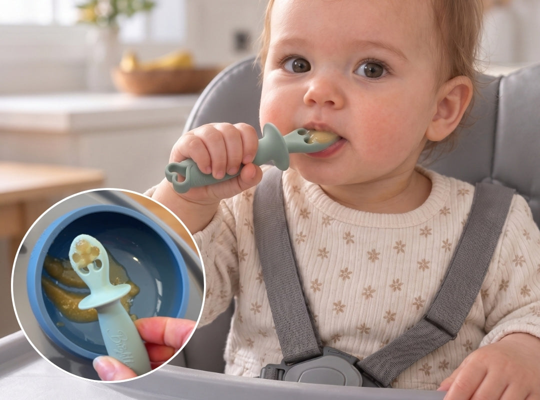 Baby holding a Sage first dipping spoon at their mouth, with an inset showing a parent holding the loaded spoon above a bowl.