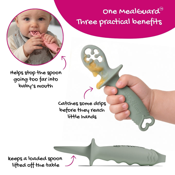 MealGuard stopper graphic showing a baby using a spoon, the guard catching drips and a spoon head raised above the table for pre-loaded feeding.