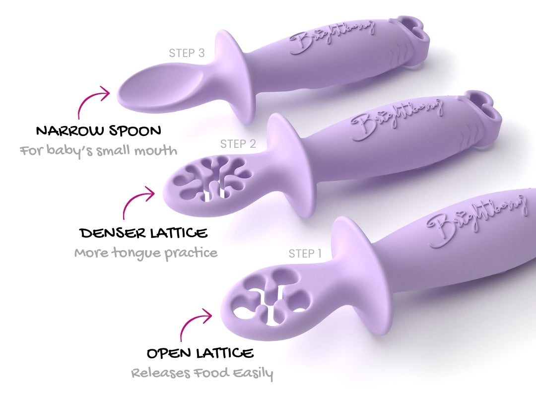 Three lavender baby training spoon tools labeled Step 1, Step 2, and Step 3, arranged diagonally on a white background with callout text describing narrow spoon, denser lattice, and open lattice features.