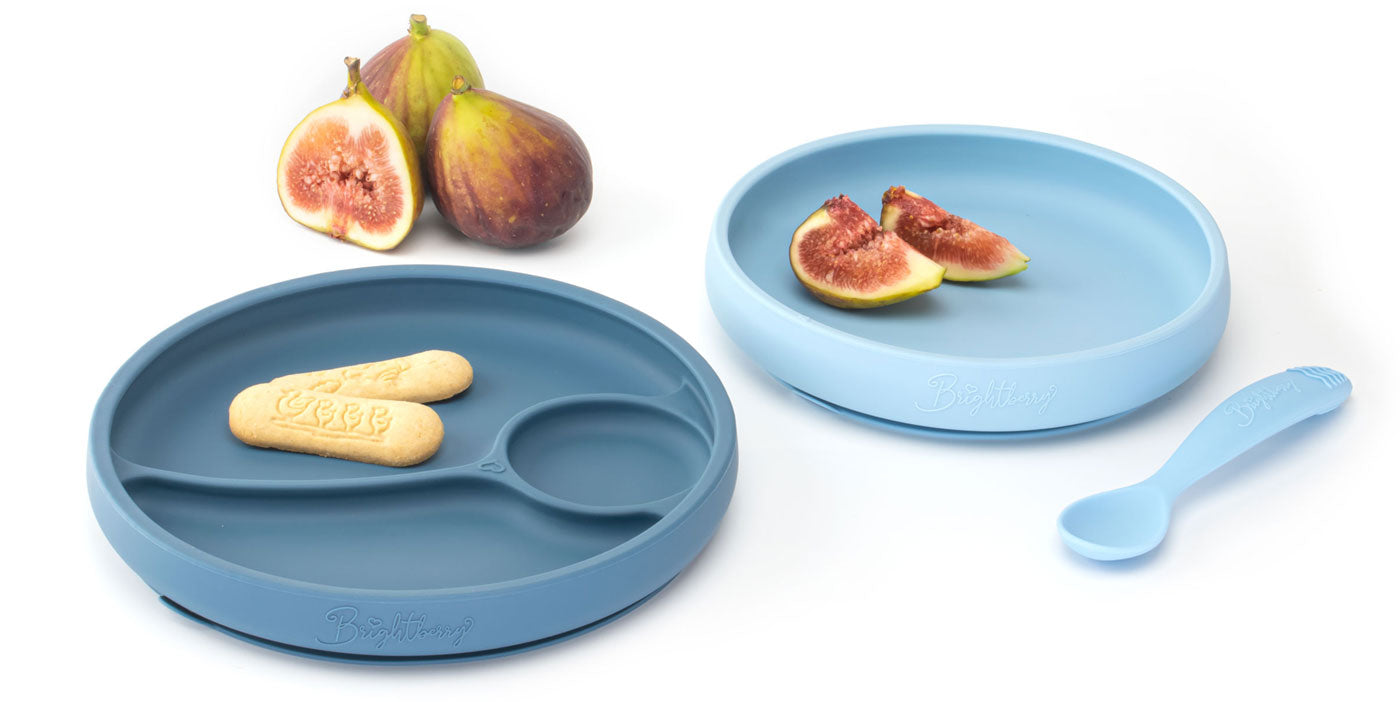 Brightberry divided plate and silicone suction plates in blue colours