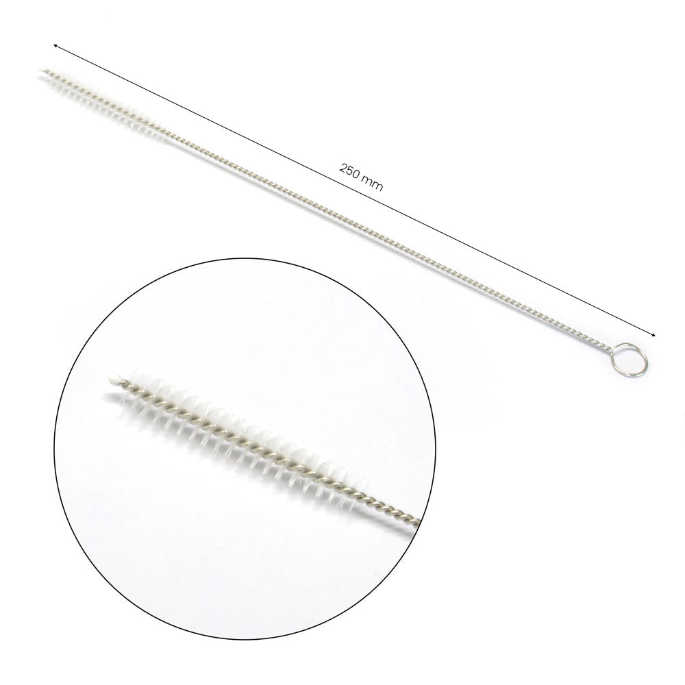 A stainless steel straw brush with nylon bristles and a loop at the end for easy handling.